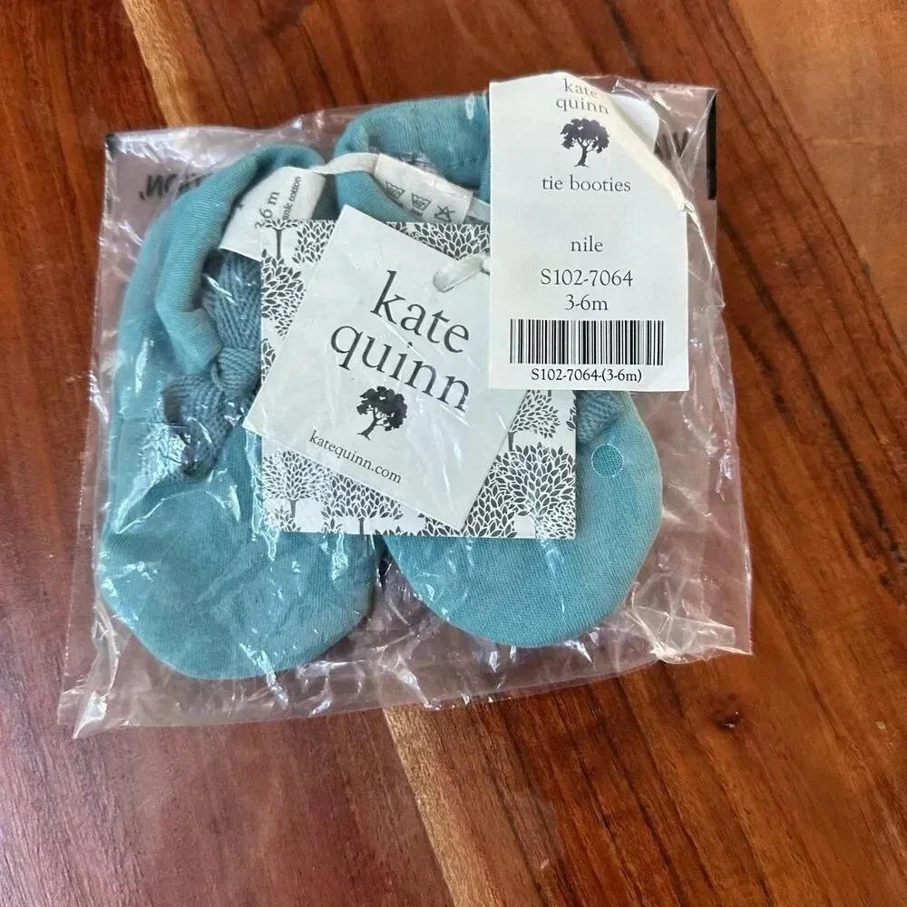 KATE QUINN 100% Organic‎ Cotton Tie Booties 3-6M Nile Turquoise NWT